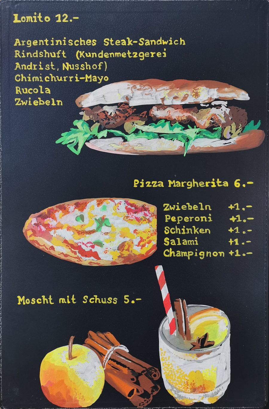 Handgemalte Menütafel — Lomito, Pizza, Moscht