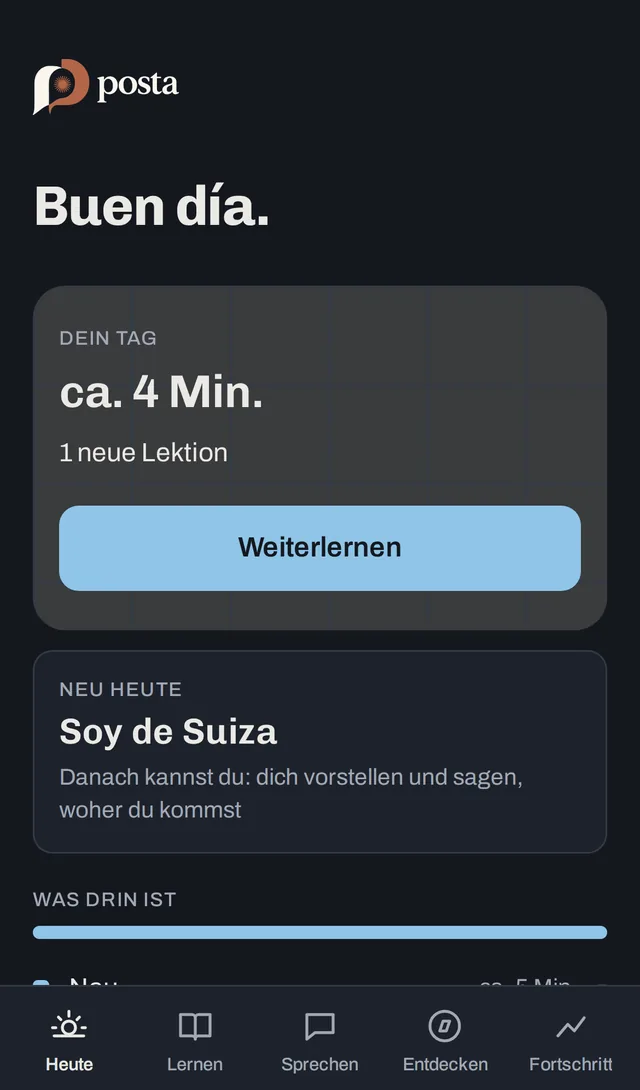 posta home screen in dark mode