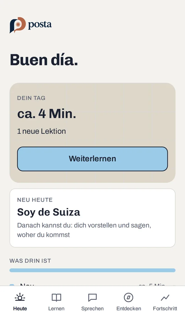 posta home screen «Today»: greeting Buen día, daily plan of about 4 minutes with one new lesson