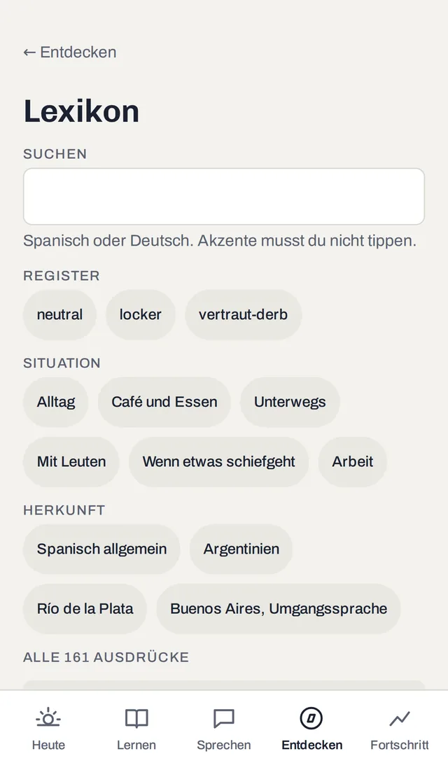 Lexicon with search and filters by register, situation and origin across 161 expressions